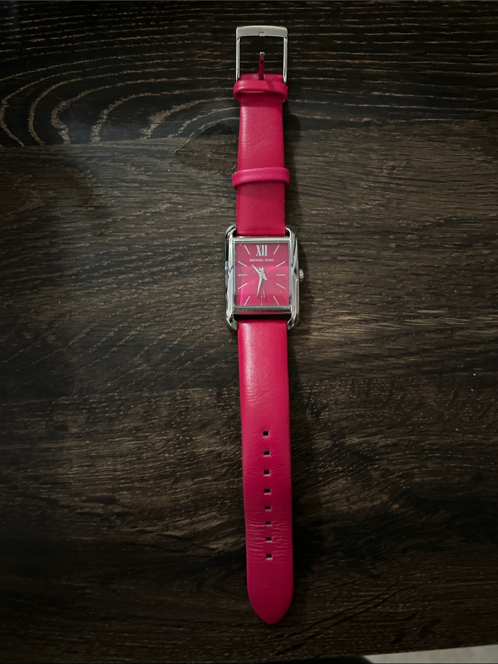 Michael Kors Hot Pink Leather Strap Rectangular Watch